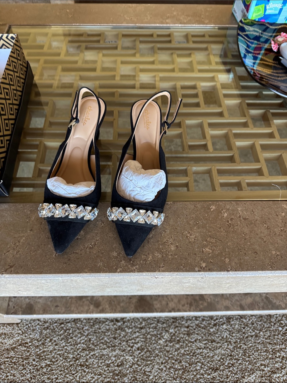 Charles By Charles David Black Pointed Slingback Pumps with Crystal Band